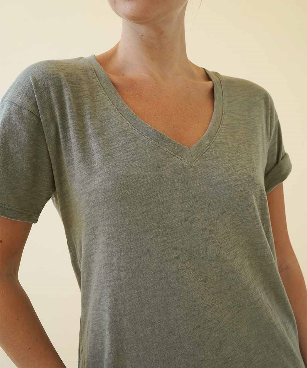 COTTON SLUB V NECK HER T